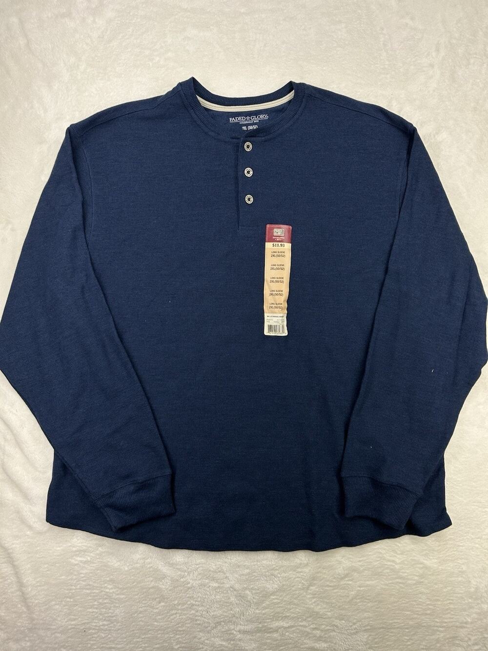 Faded Glory Henley Shirt Mens 2XLarge Baltic Sea Blue Waffle Knit Long Sleeve